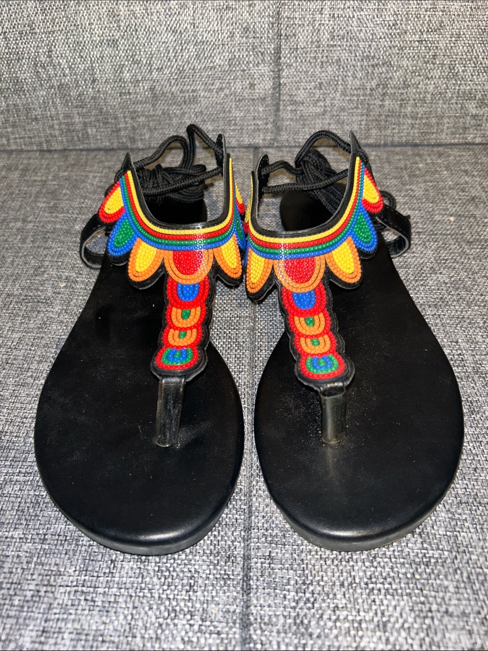 Black Beaded T-Strap Sandals with Rainbow Embroidery - Picture 3 of 7